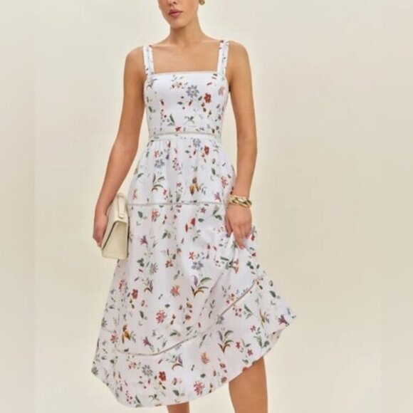 NEW Reformation Everett Linen Midi Dress Corsini White Multi Floral | US 6 UK 10 - Picture 1 of 16